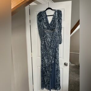 Mac Duggal Blue Sequin Long Sleeve Dress